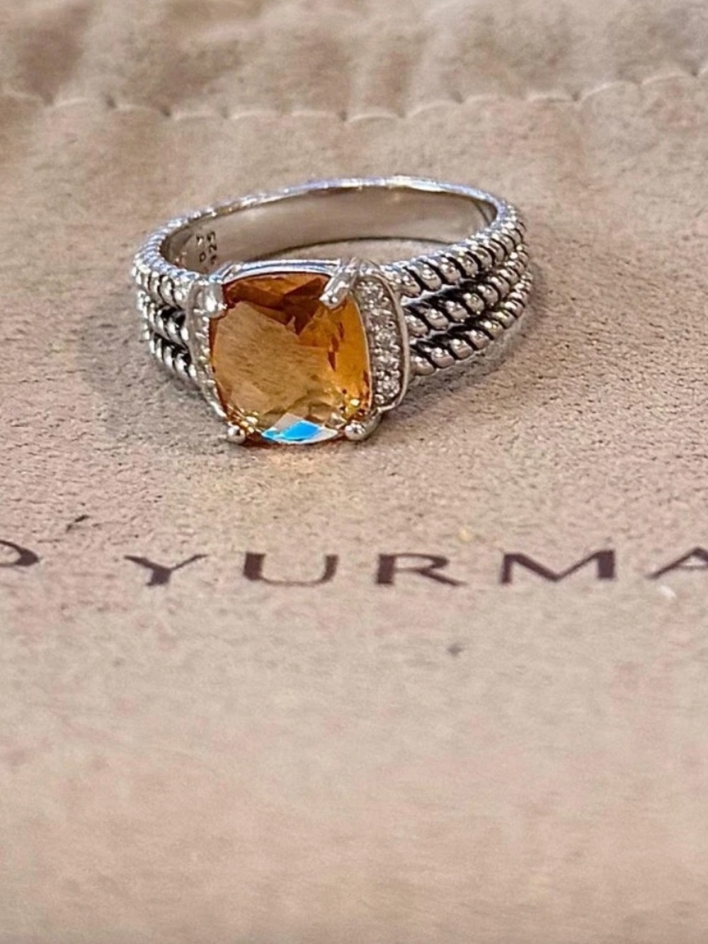 David Yurman Sterling Silver Citrine  & Diamond Wheaton Ring Size 8.25